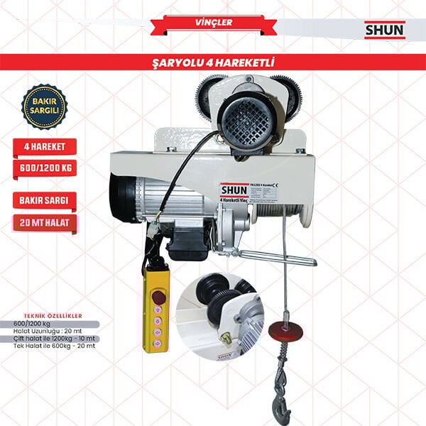 Shun 600/1200Kg 1700W Elektrikli Mini Vinç 4 Hareketli 220 V