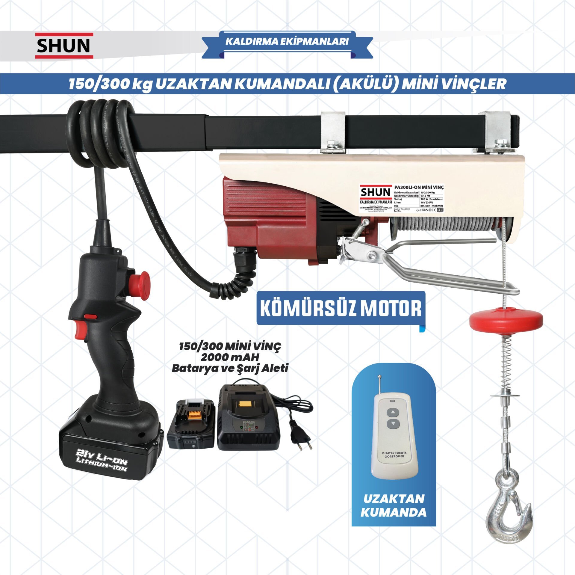 Shun 150/300Kg 200W 21 V Dc Akülü Elektrikli Mini Vinç
