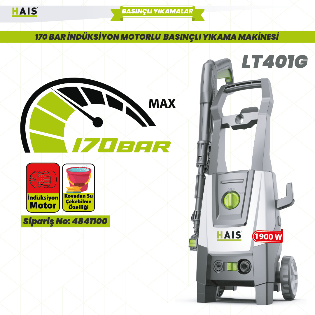 HAIS 1900 Watt 170 Bar İndüksiyon Motorlu  Basınçlı Yıkama Makinesi LT401G