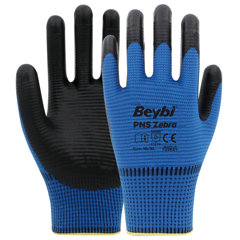 BEYBİ ZEBRA PN5 (MAVİ-SİYAH) N:10 PAMUK ASTARLI LİKRALI ÖRME NİTRİL ELDİVEN  12li