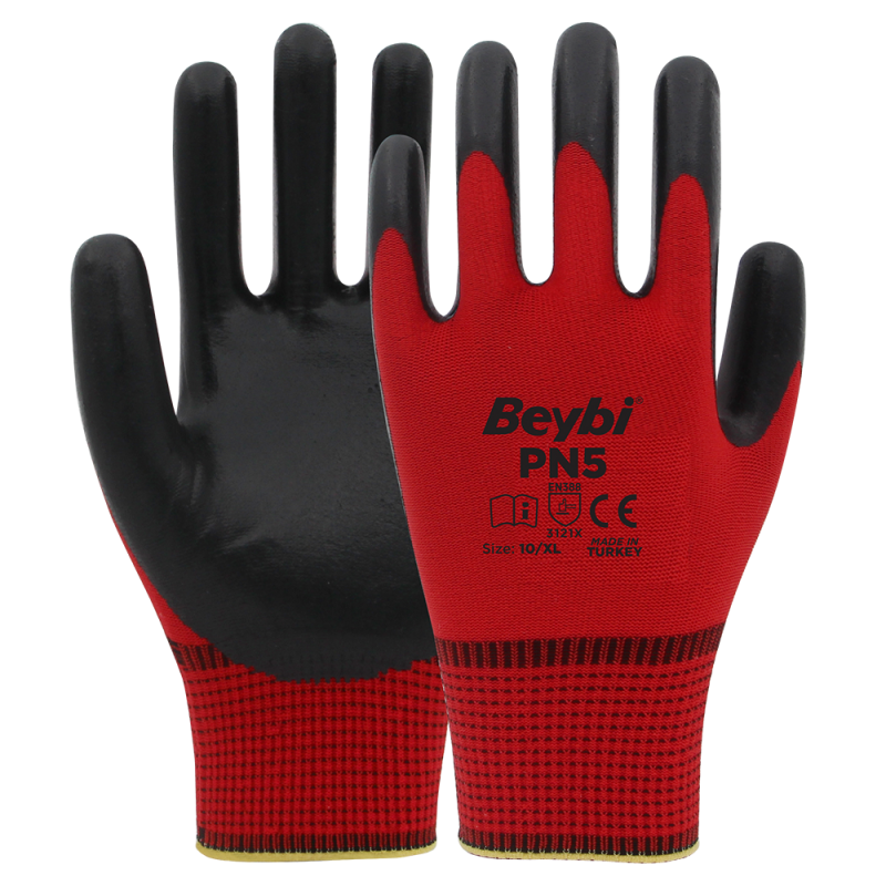 BEYBİ POLYESTER PN5 (KIRMIZI-SİYAH) N:10 PAMUK ASTARLI LİKRALI ÖRME NİTRİL ELDİVEN  12li