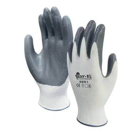 BAY-EL    EL001 BEYAZ-GRİ 10'' PAMUK ASTARLI LİKRALI ÖRME NİTRİL ELDİVEN   12li