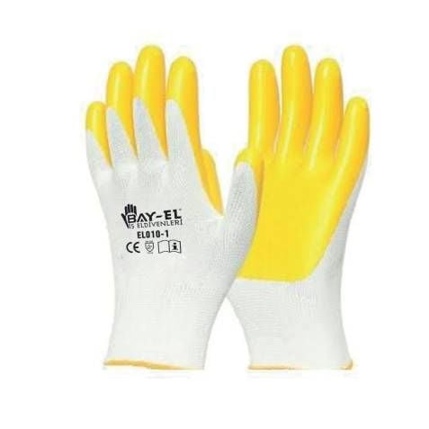 BAY-EL  EL002 ELDİVEN EKSTRA BEYAZ-SARI 10'' PAMUK ASTARLI LİKRALI ÖRME NİTRİL ELDİVEN   12li