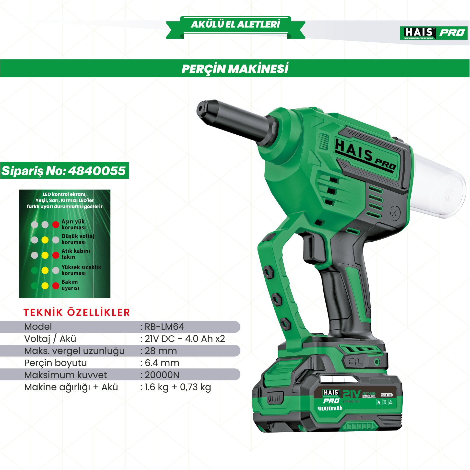 HAISPRO AKÜLÜ PERÇİN MAKİNESİ 20000N 21V 8.0Ah