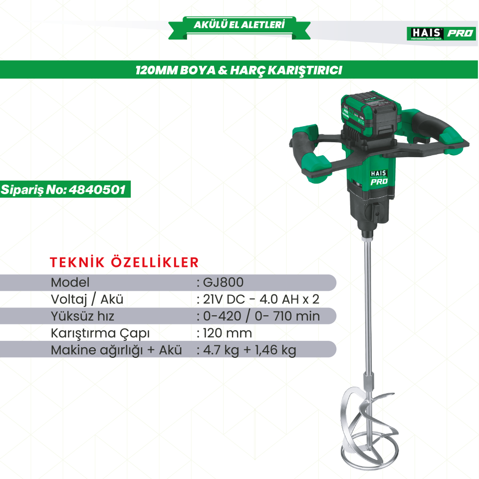 HAISPRO AKÜLÜ BOYA VE HARÇ KARIŞTIRICI 21V 8.0Ah