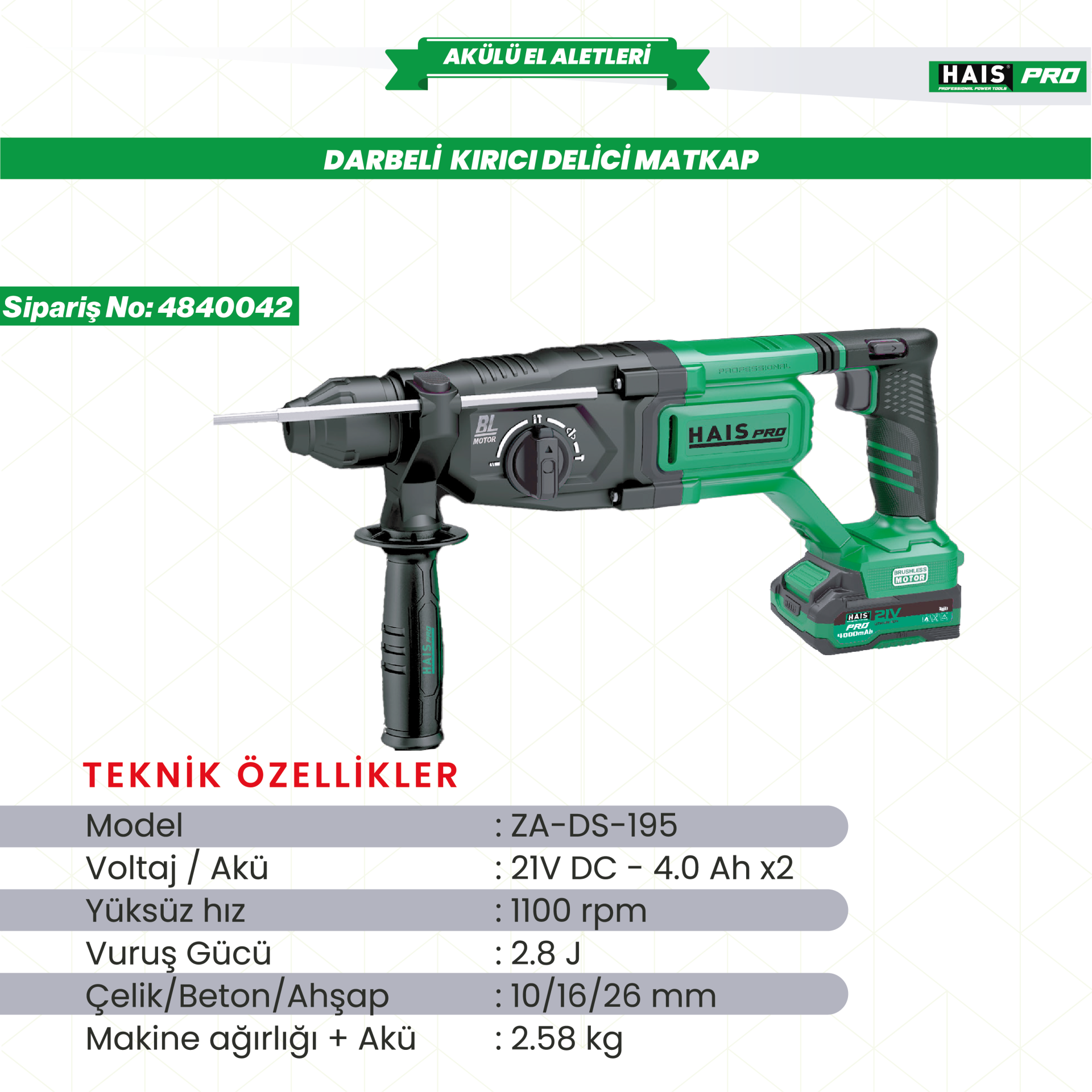 HAISPRO AKÜLÜ DARBELİ DELİCİ KIRICI MATKAP 21V 8.0Ah