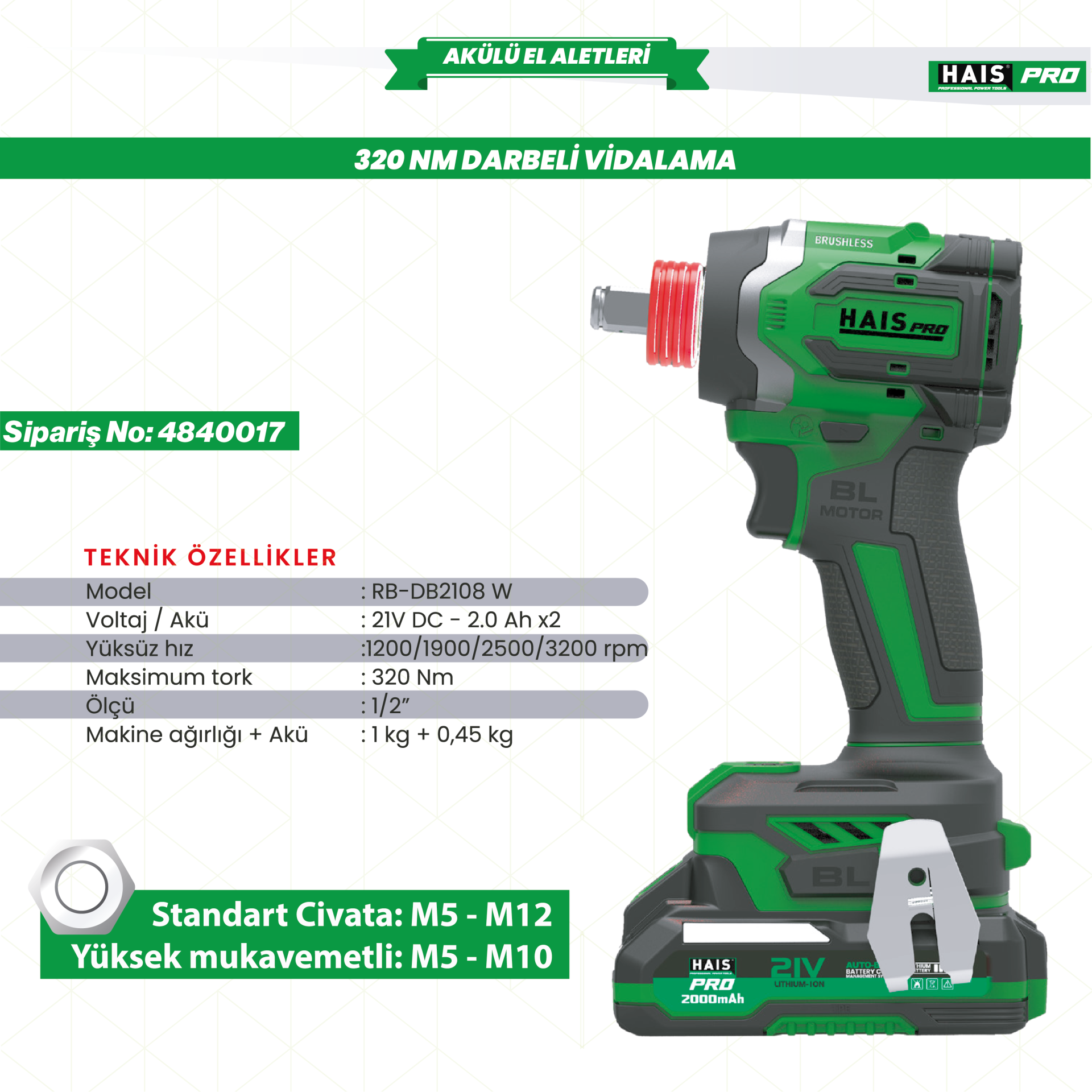 HAISPRO AKÜLÜ VİDALAMA DARBELİ 320 NM 21V 2.0 Ah RB-DB2108 W Çift Akülü Kömürsüz