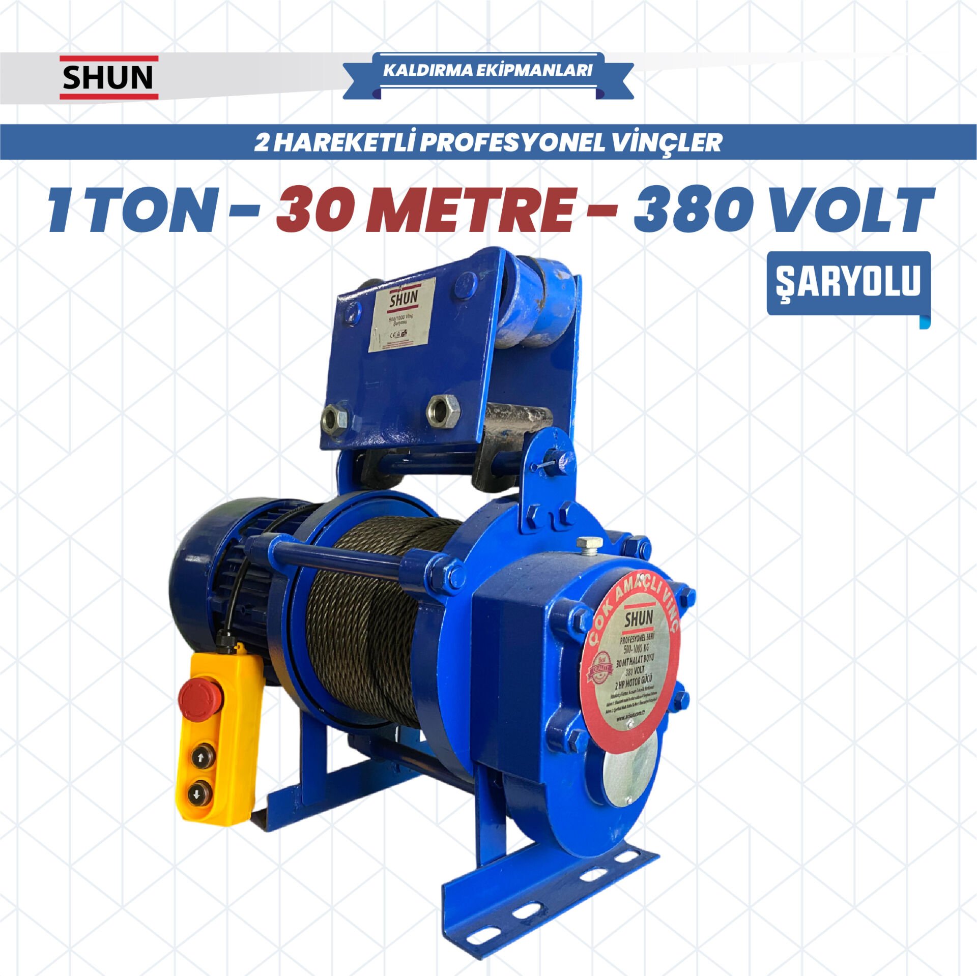 Shun 380 V 1 Ton 15-30 Mt Şaryolu Profesyonel Vinç 1600 W