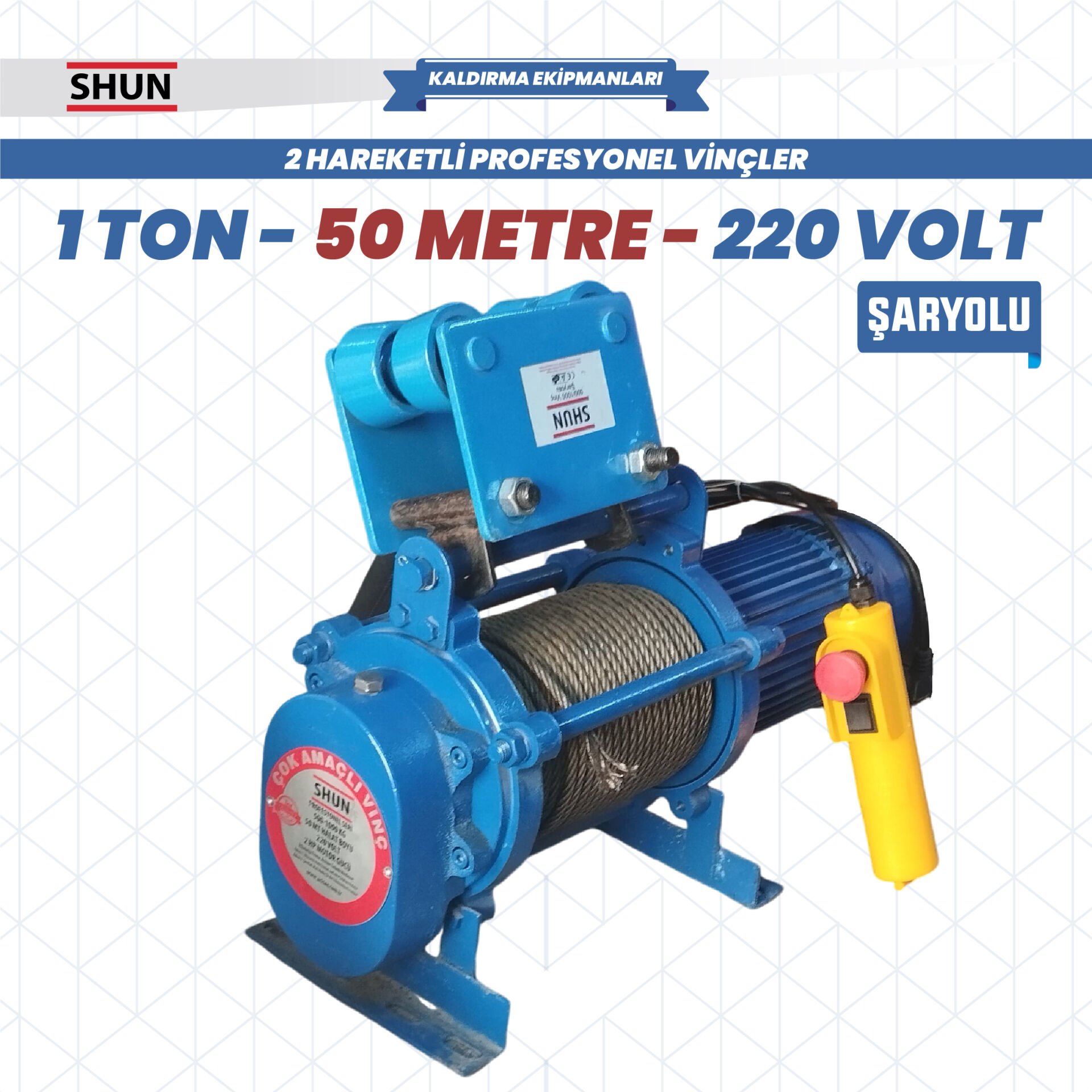 Shun 220 V 1 Ton 25-50 Mt Şaryolu Profesyonel Vinç 1600 W