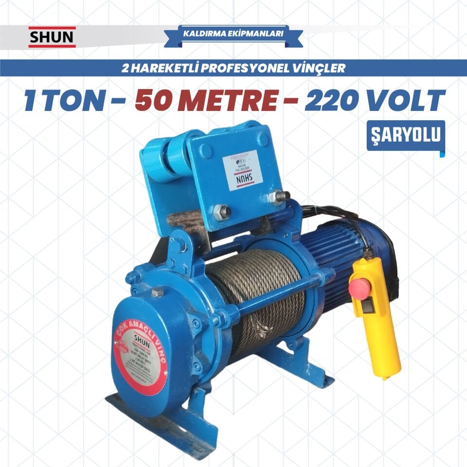 Shun 220 V 1 Ton 25-50 Mt Şaryolu Profesyonel Vinç 1600 W