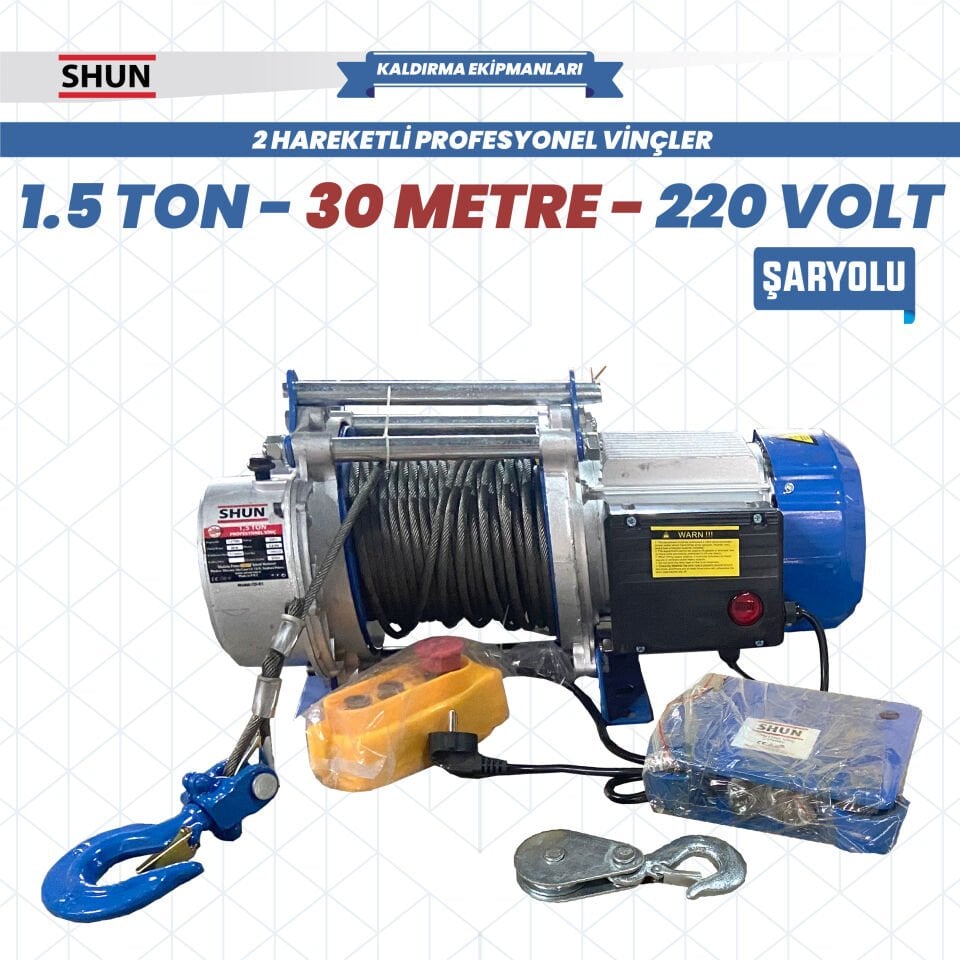 Shun 220 V 1.5 Ton 15-30 Mt Şaryolu Profesyonel Vinç 2200 W