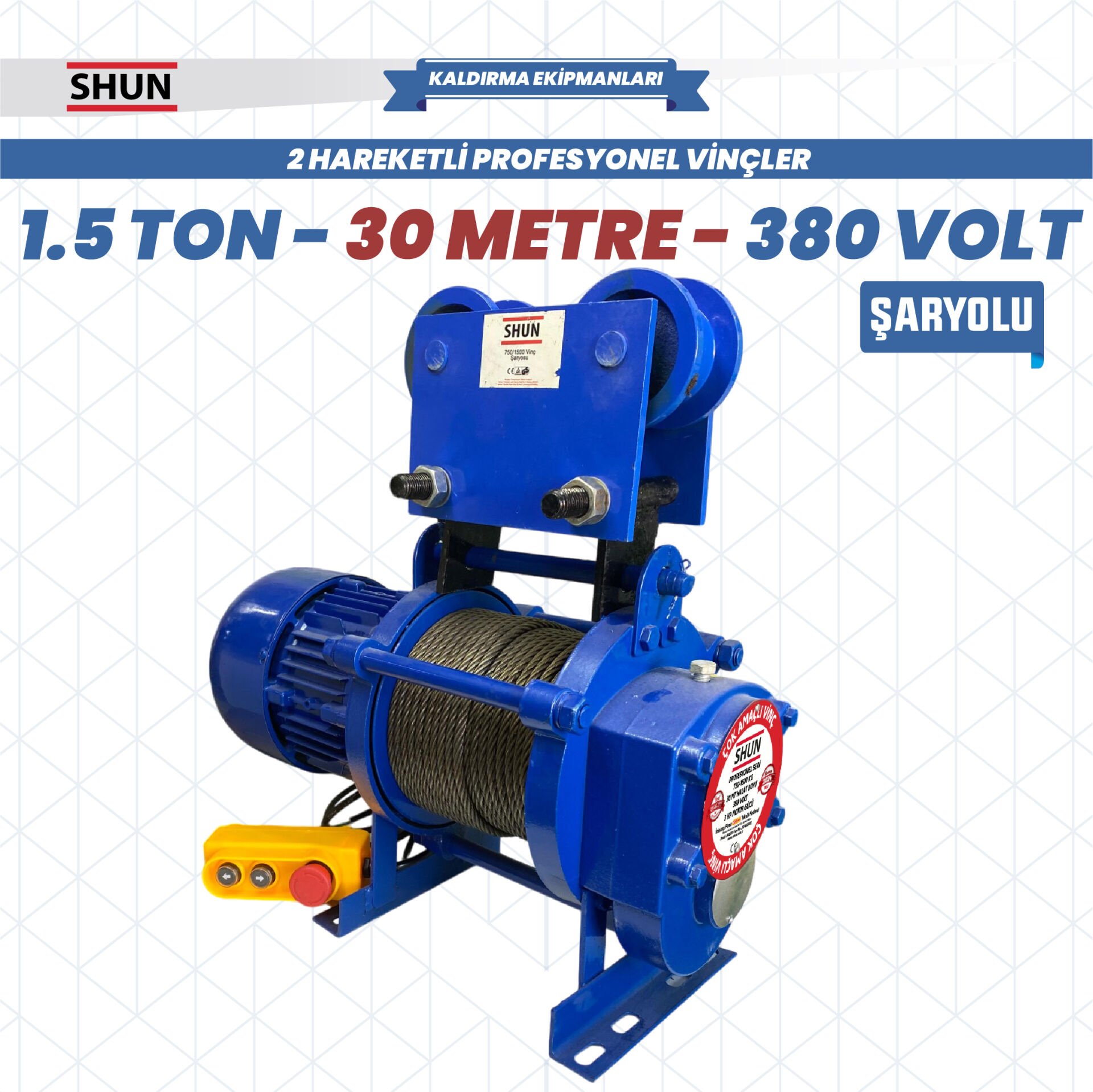 Shun 380 V 1.5 Ton 15-30 Mt Şaryolu Profesyonel Vinç 1500 W