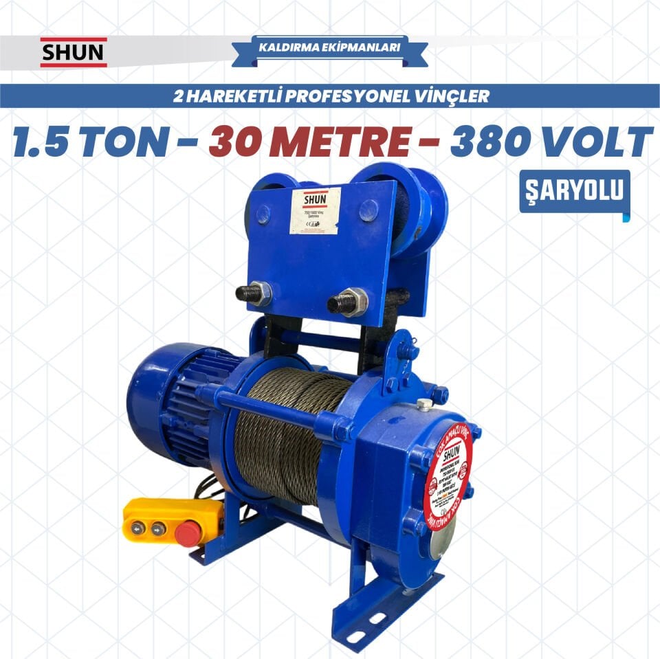 Shun 380 V 1.5 Ton 15-30 Mt Şaryolu Profesyonel Vinç 1500 W