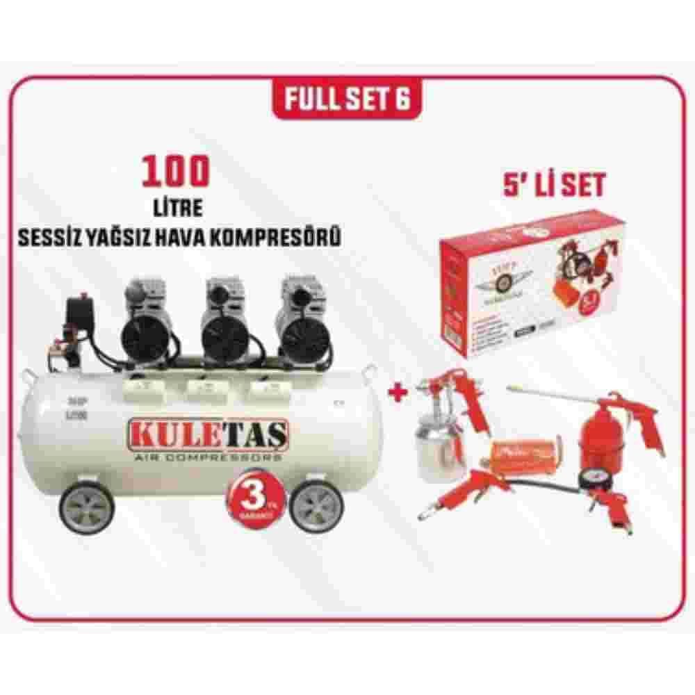 Kuletaş 8 bar 3 HP 100 LT  Yağsız ve Sessiz Kompresör 3 Motorlu+5 li Havalı Set