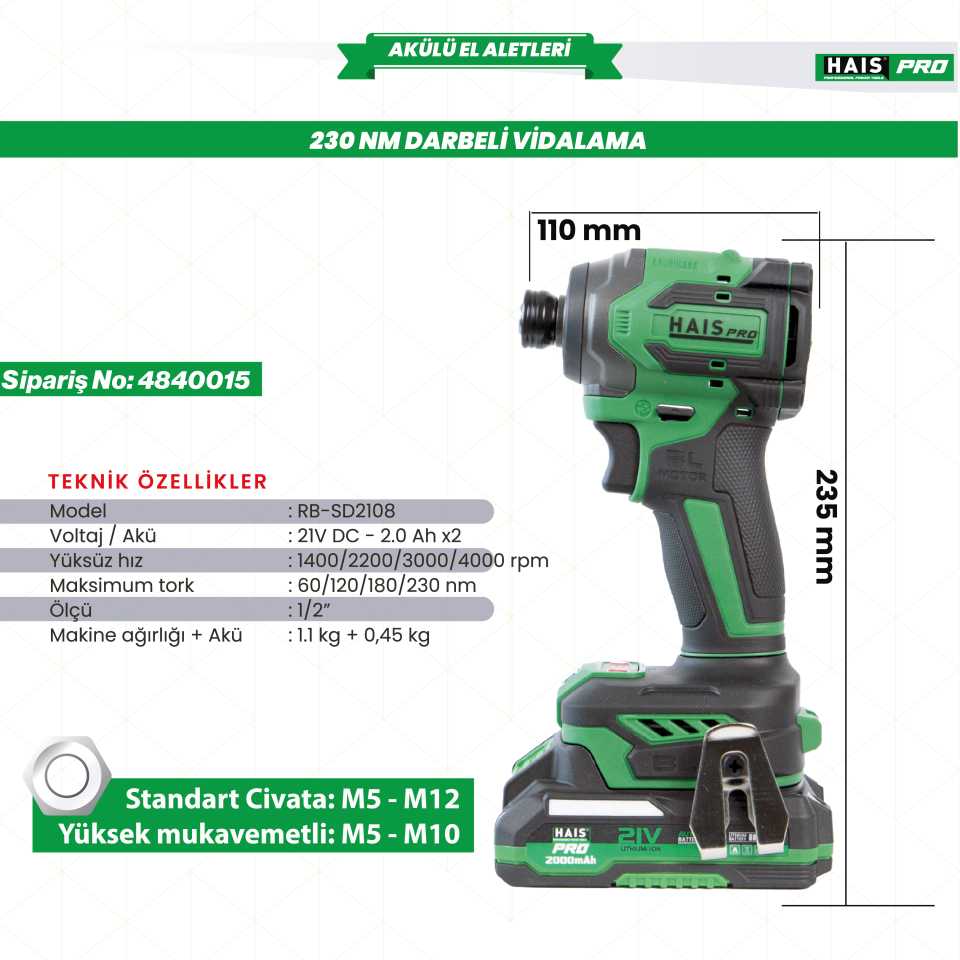 HAISPRO AKÜLÜ VİDALAMA DARBELİ 21V 2.0 Ah RB-SD2108 Çift Akülü Kömürsüz