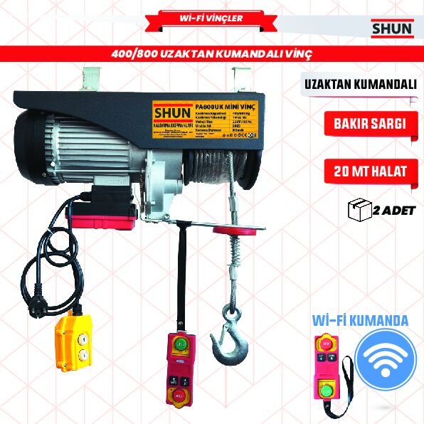Shun 400/800Kg 1400W Elektrikli Mini Vinç Uzaktan Kumandalı 220 V