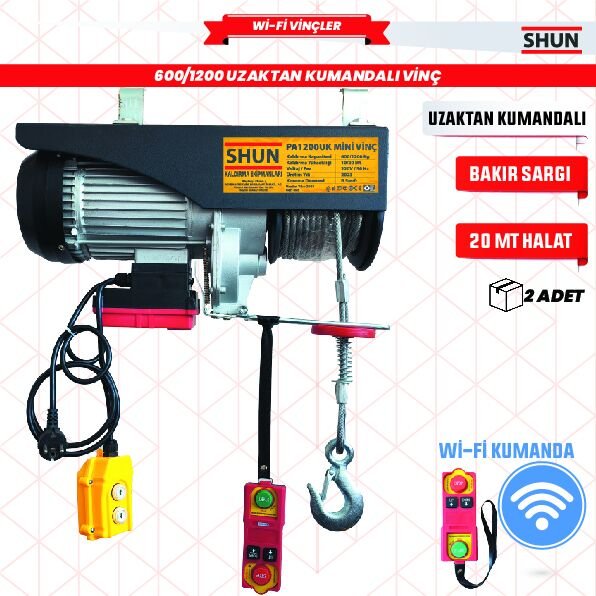 Shun 600/1200Kg 1700W Elektrikli Mini Vinç Uzaktan Kumandalı 220 V