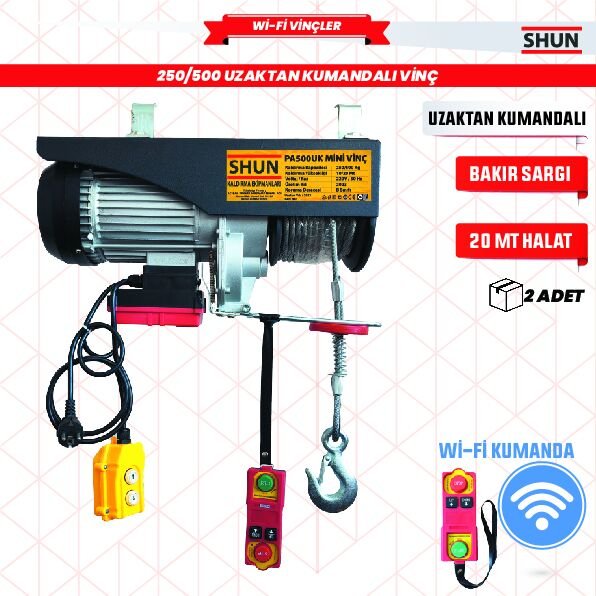 Shun 250/500Kg 1150W Elektrikli Mini Vinç Uzaktan Kumandalı 220 V