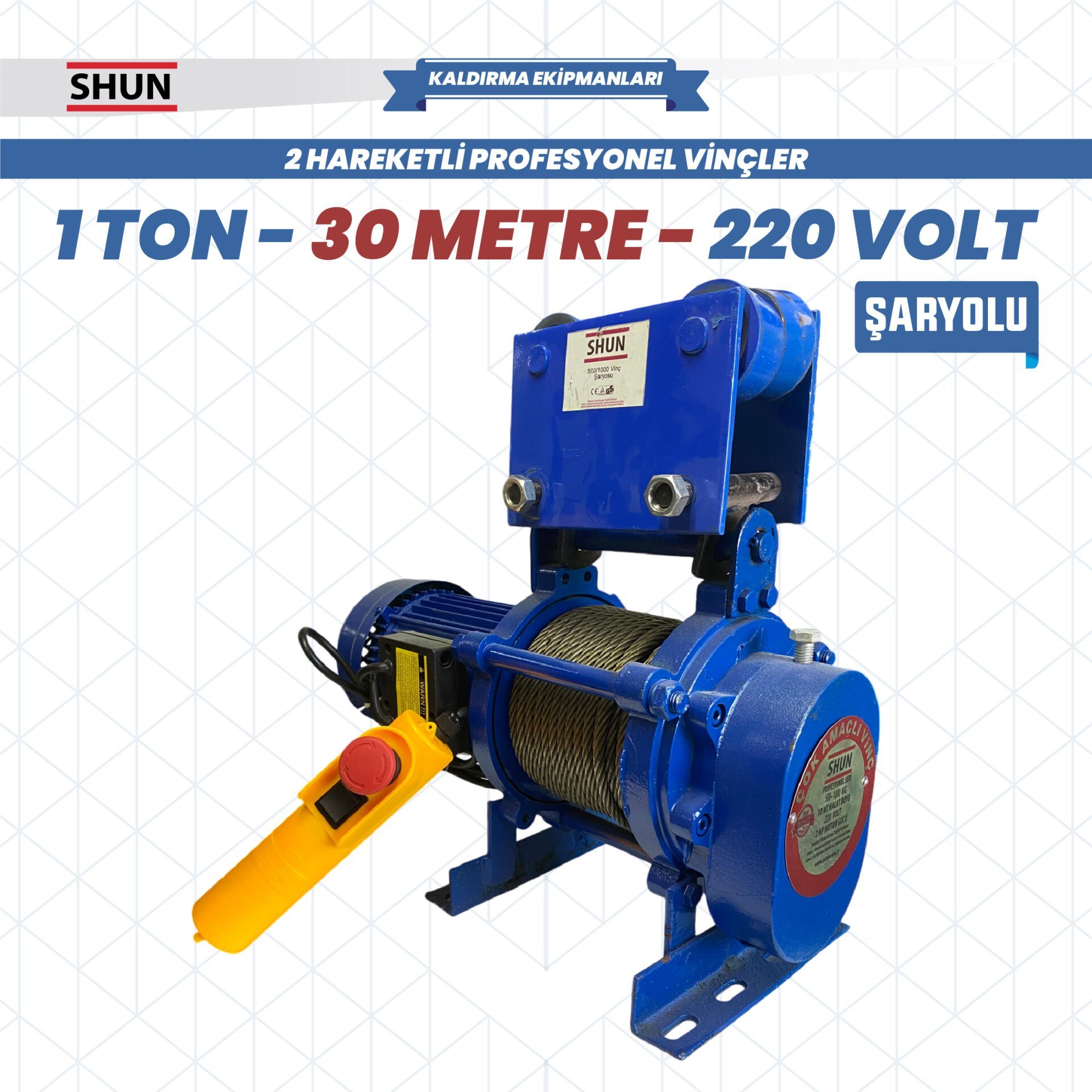 Shun 220 V 1 Ton 15-30 Mt Şaryolu Profesyonel Vinç 1600 W