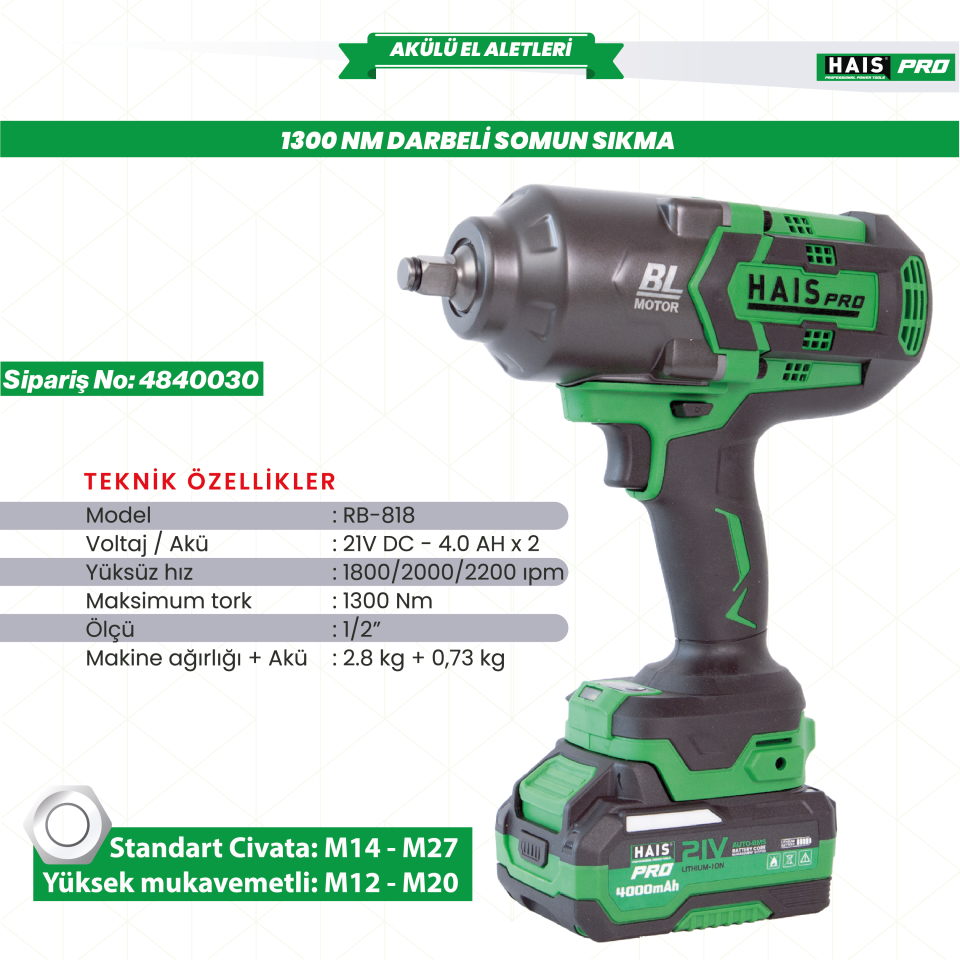 HAIS PRO 1300 Nm RB-818 21V DC 4.0AH Çift Akülü Darbeli Somun Sıkma Matkap