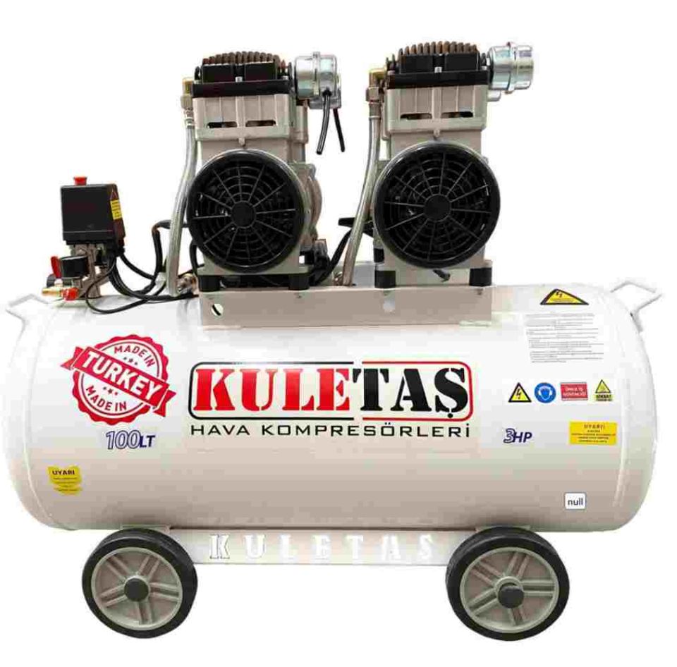 Kuletaş 8bar 3HP 100LT  Yerli Üretim Yağsız ve Sessiz Kompresör 2 Motorlu